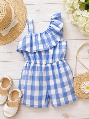 Rare Editions Girls Blue White Gingham One Shoulder Ruffle Romper 3T